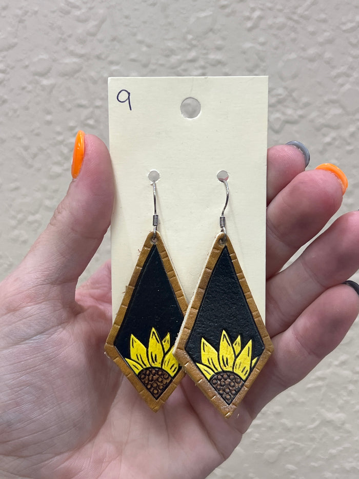 2859- Sunflower Leather Painted Earrings