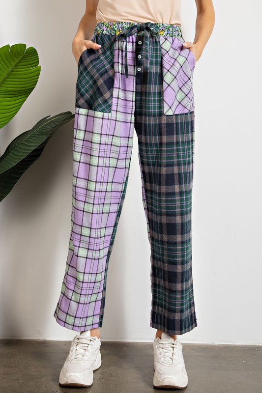 2812- Lilac Sage Plaid Mix Crop Pants