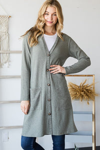 10087- Olive Solid Ribbed Cardigan w/ Pockets