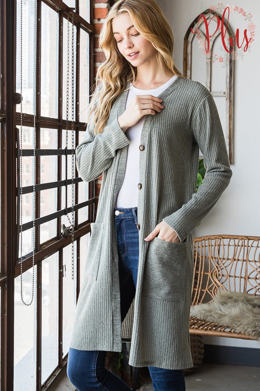 10087- Olive Solid Ribbed Cardigan w/ Pockets