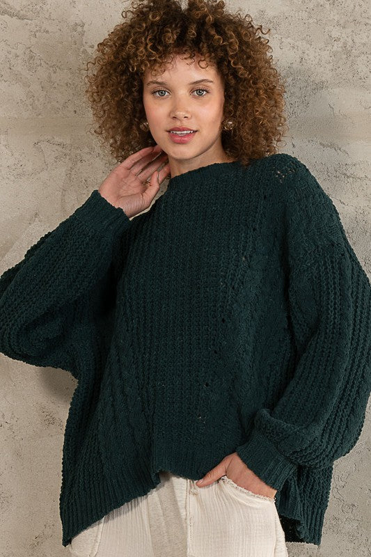 9863- Dark Green Oversize Cable Knit Long Sleeve Sweater