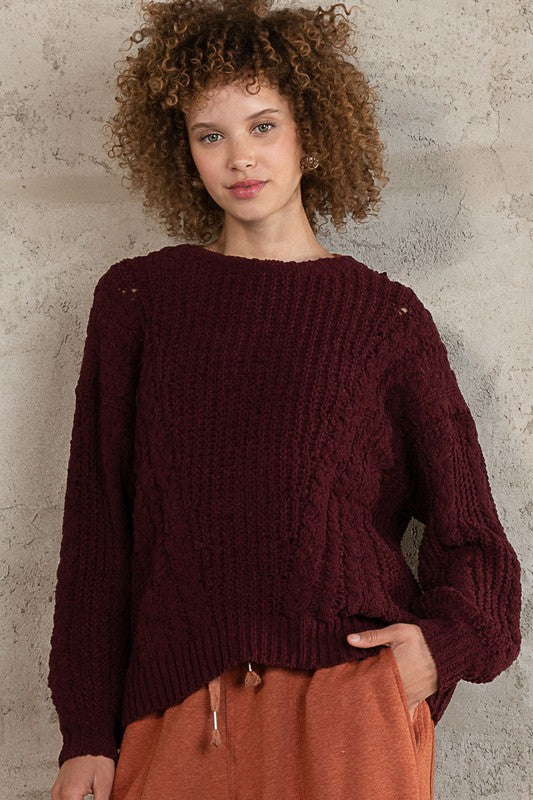 9862- Dark Burgundy Oversize Cable Knit Long Sleeve Sweater