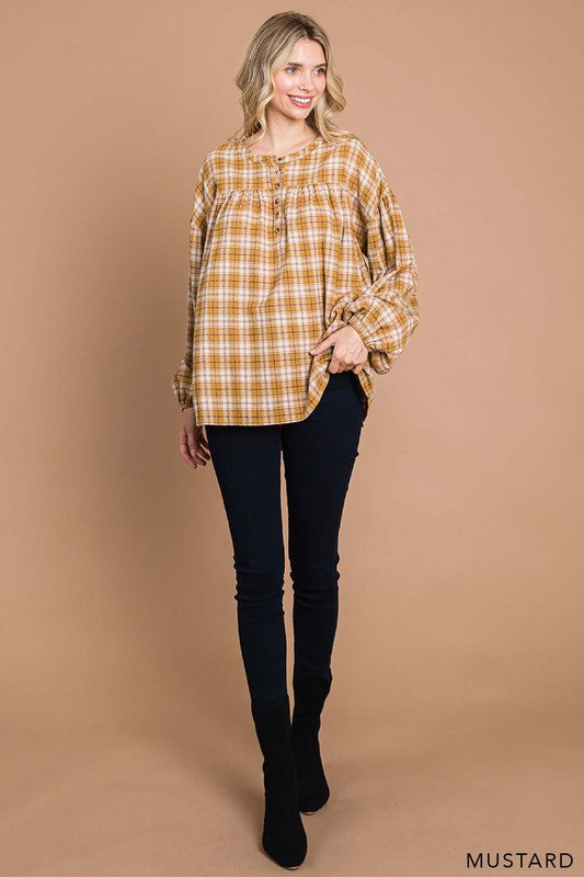 9885- Mustard Plaid Brushed Pullover Top