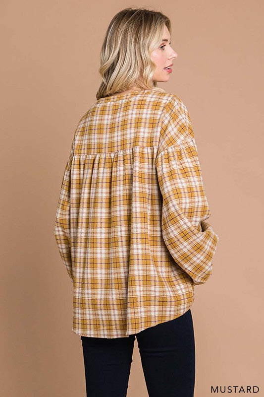 9885- Mustard Plaid Brushed Pullover Top