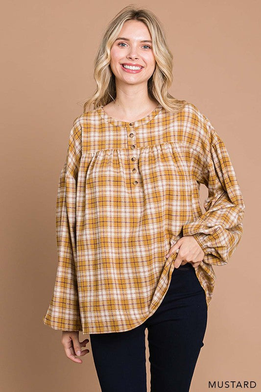 9885- Mustard Plaid Brushed Pullover Top