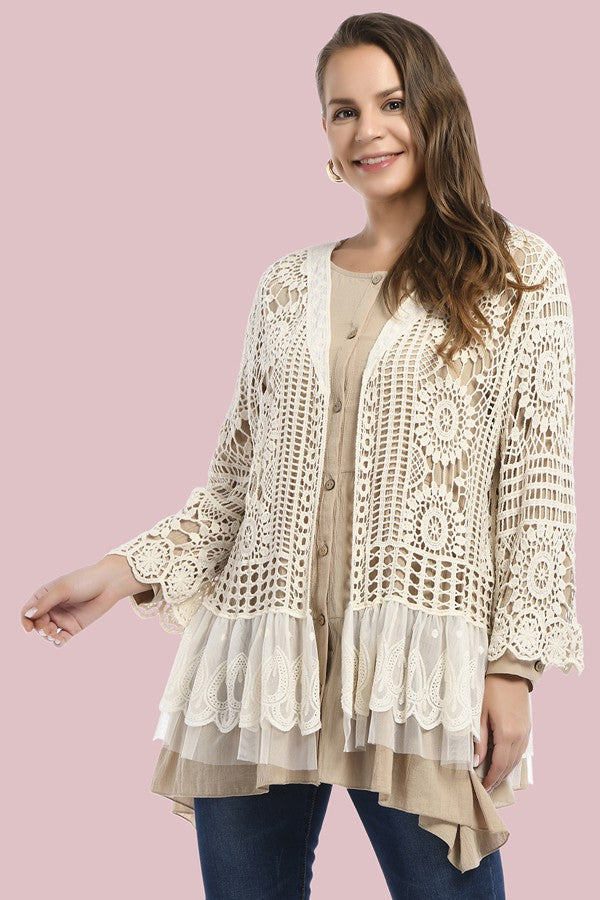 2552- Beige Crochet Cardigan w/ Ruffle Lace Base