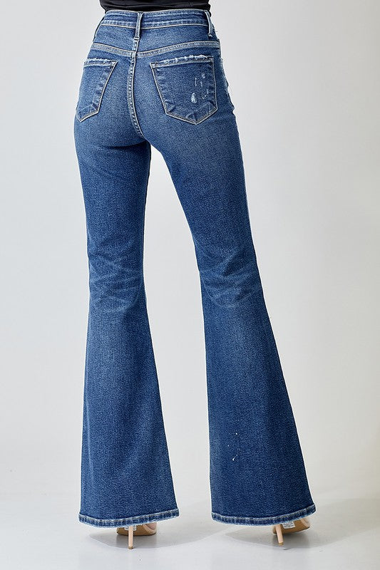 9791- Dark Wash Non-Distressed High Rise Splatter Flare Jeans