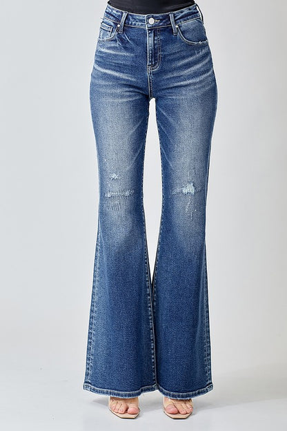 9791- Dark Wash Non-Distressed High Rise Splatter Flare Jeans