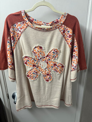 Half Sleeve Daisy Patch Front Print Mix Mineral