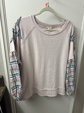 Three Quarter Bubble Plaid Sleeve Mineral Washed