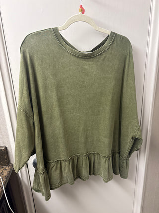 Three Quarter Sleeve Ruffle Bottom Mineral Washed