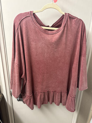 Three Quarter Sleeve Ruffle Bottom Mineral Washed