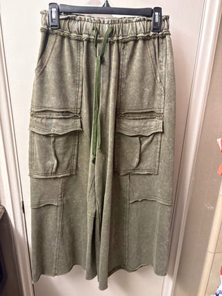 Denim Wide Leg Cargo Pants - Olive