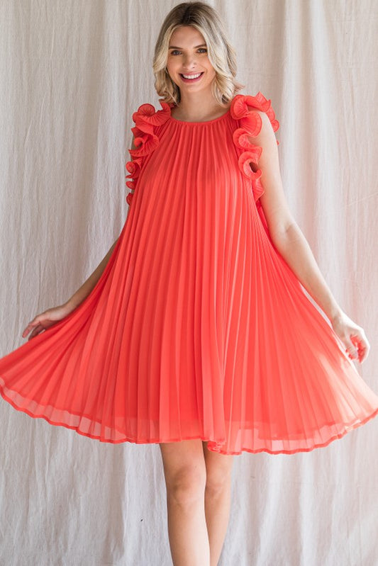 2044- Coral Pleated Scrunchie Dress