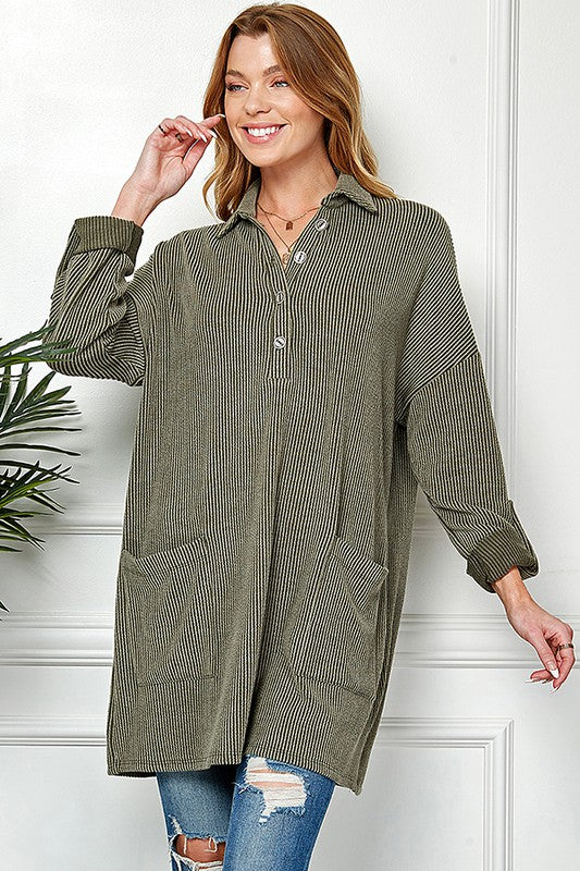 9892- Olive Ribbed 1/2 Button Tunic Top