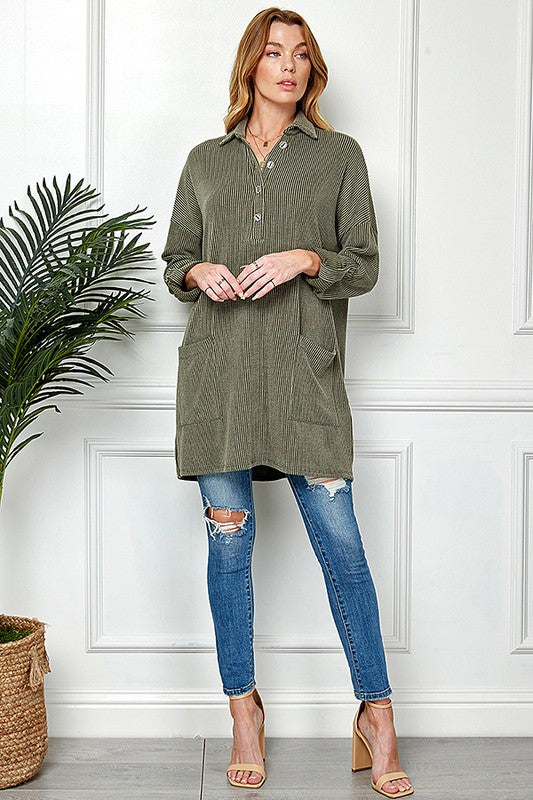 9892- Olive Ribbed 1/2 Button Tunic Top