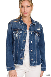 8077- Dark Wash Distressed Denim Jacket [ZENANA]