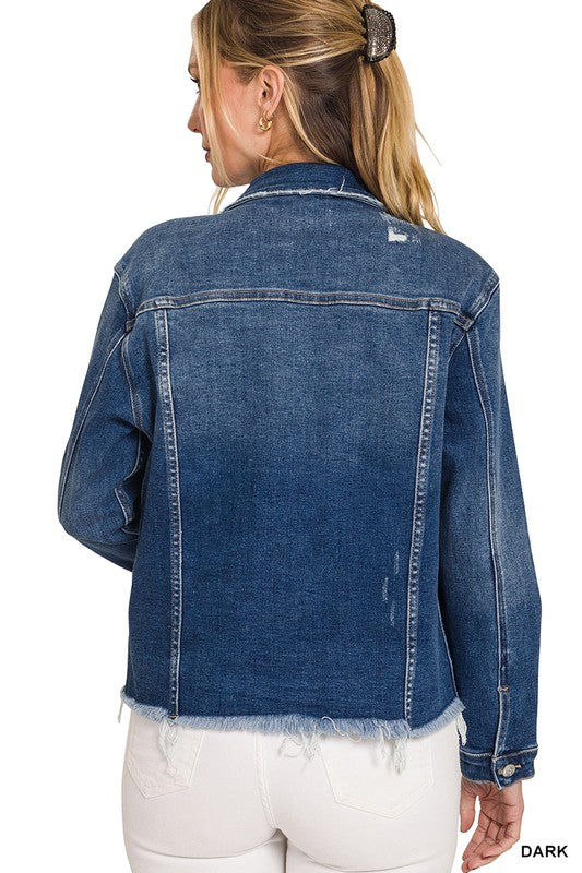 8077- Dark Wash Distressed Denim Jacket [ZENANA]