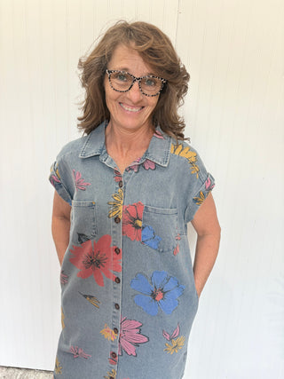 Denim Dress w/ Folded Cuff Button Down Collared Flowers