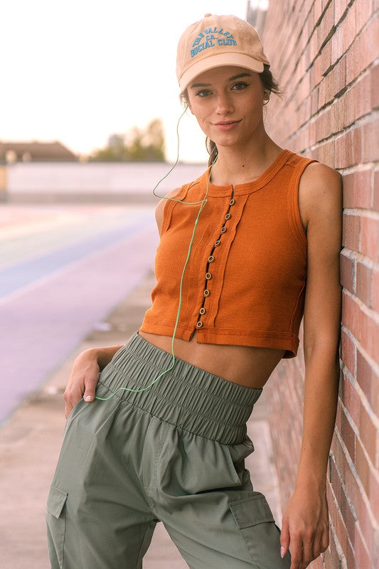 8103- Rust Ribbed Crop Top w/ Buttons