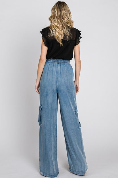 9795- Denim Chambray Cargo Wide Leg Pants