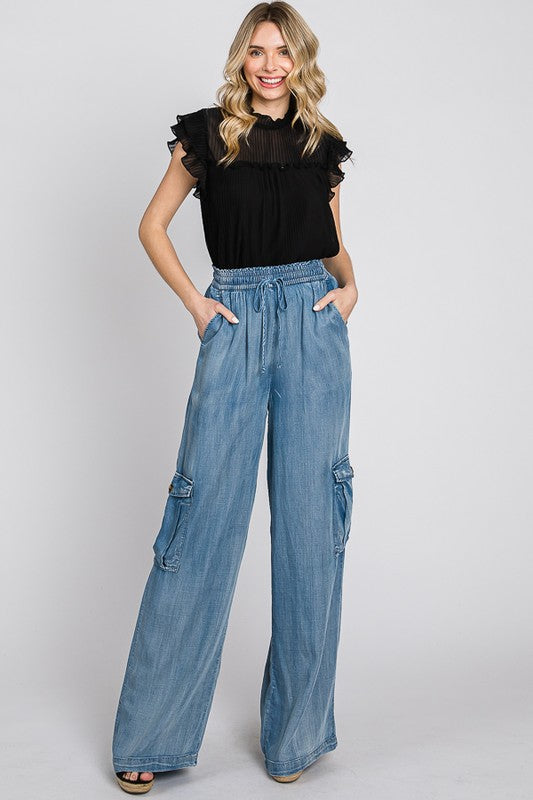 9795- Denim Chambray Cargo Wide Leg Pants