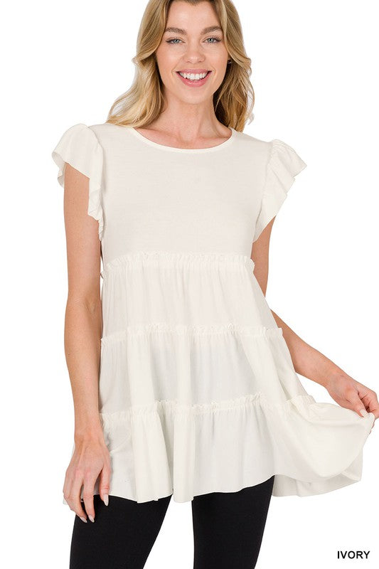 8098- Ivory Tier Short Sleeve Top w/ Ruffle Sleeves