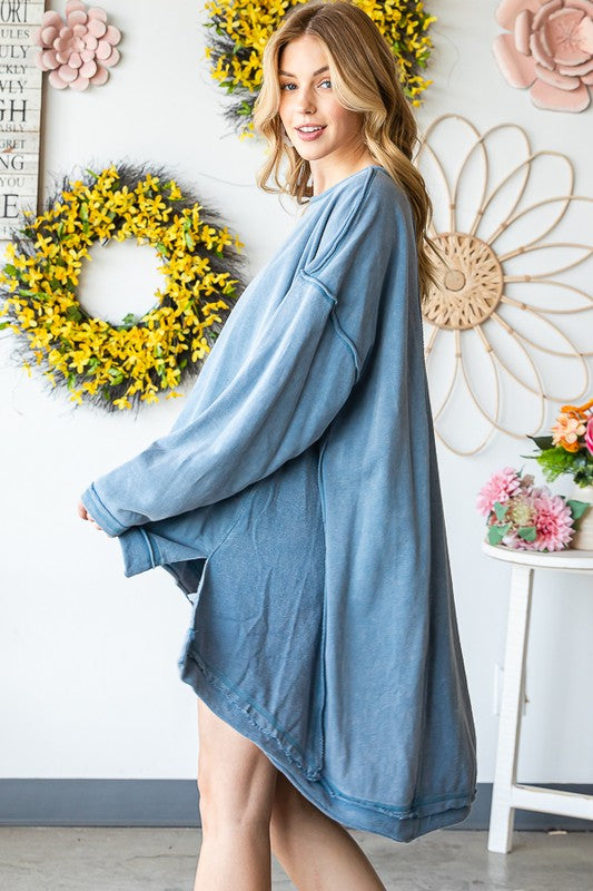 9877- Washed Denim High Low Pullover