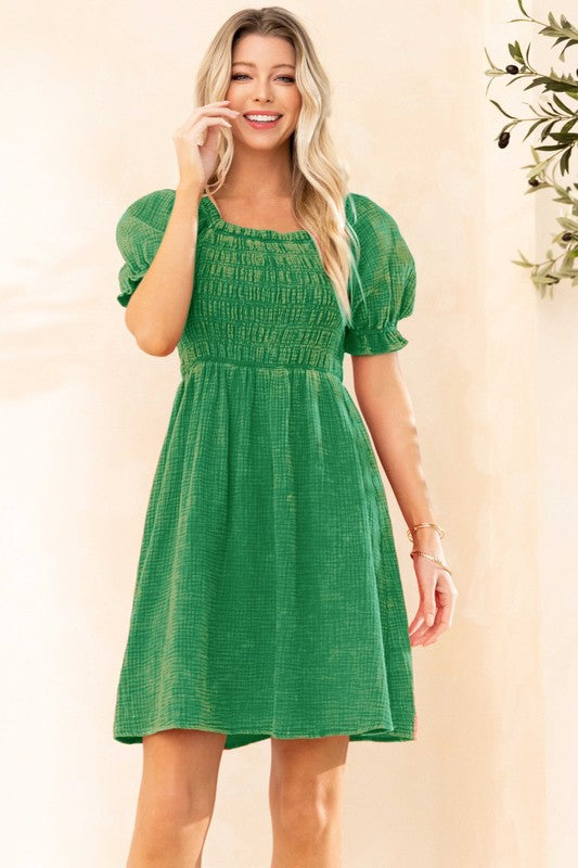 8996- Washed Green Smocked Dress