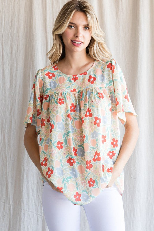 2038- Dessert Yellow Floral Print Short Sleeve Top