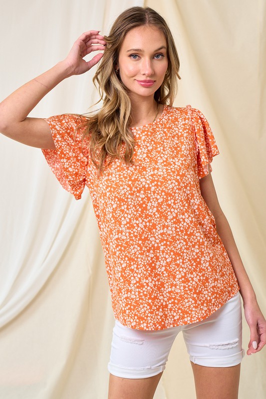 8108- Orange & White Ditzy Floral Print Short Sleeve Top