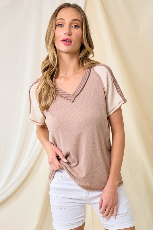 8138- Mocha Color Block Short Sleeve Top