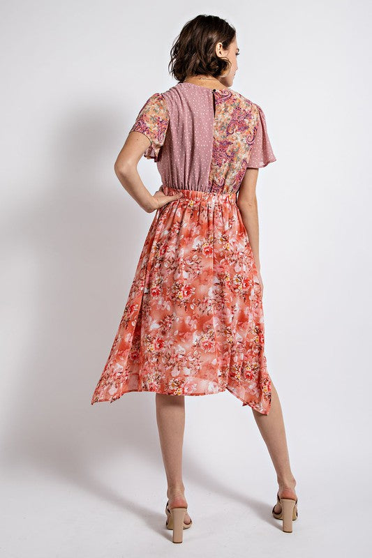 2178- Mauve Mix Twist Front Floral Midi Dress