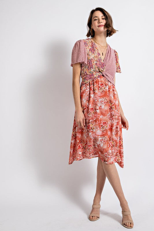 2178- Mauve Mix Twist Front Floral Midi Dress