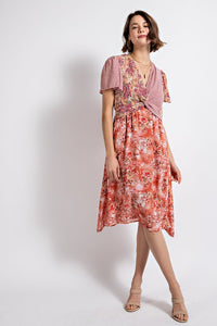 2178- Mauve Mix Twist Front Floral Midi Dress