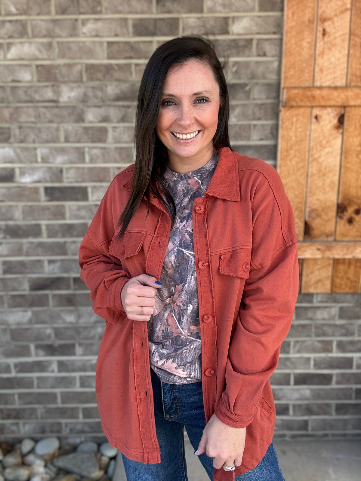 Rust French Terry Button Down Long Sleeve Shirt