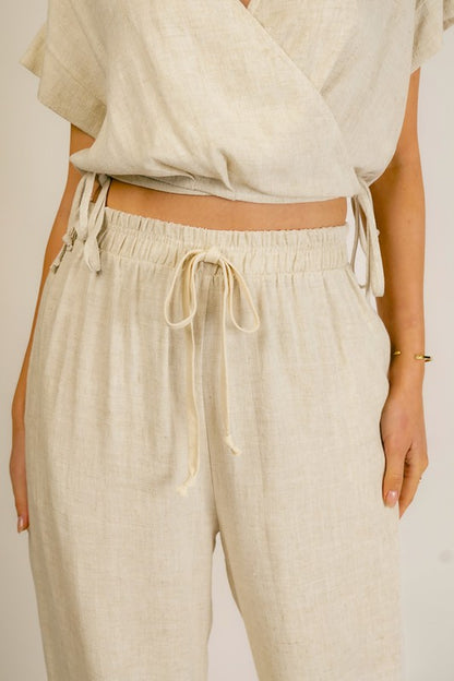 9798- Oatmeal Linen Pants w/ Drawstring Waist & Pockets