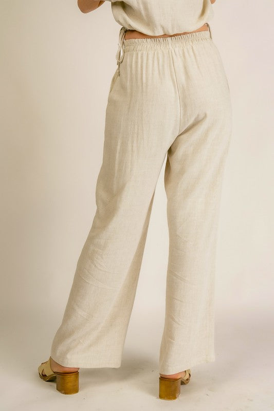 9798- Oatmeal Linen Pants w/ Drawstring Waist & Pockets