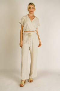 9798- Oatmeal Linen Pants w/ Drawstring Waist & Pockets