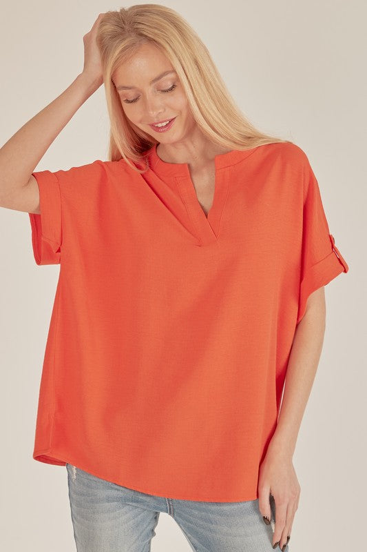 8266- Orange Button Front Slit Short Sleeve Top