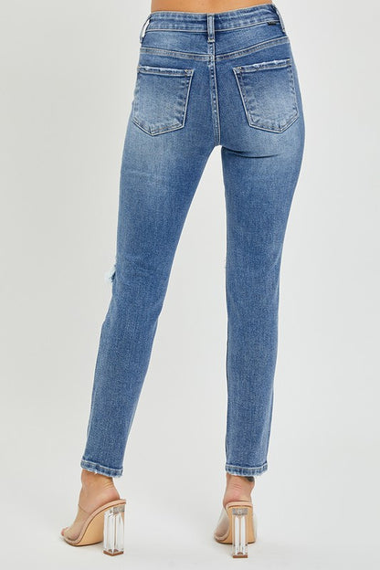 10148- Medium Wash High Rise Ankle Skinny Distressed Denim Jeans