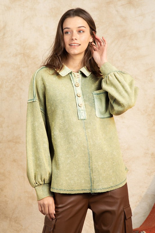 9954- Sage Button Down Collar Henley Top