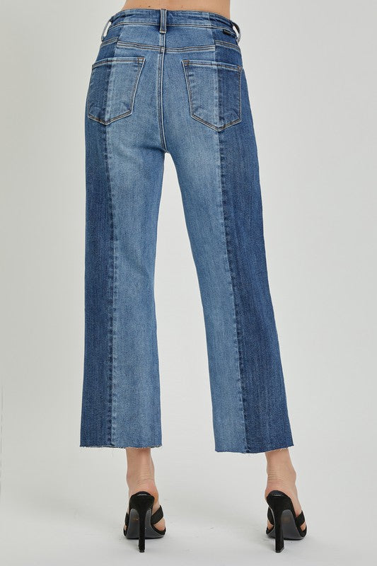 10149- Two-Toned Ankle Straight Leg Mom Denim Jeans