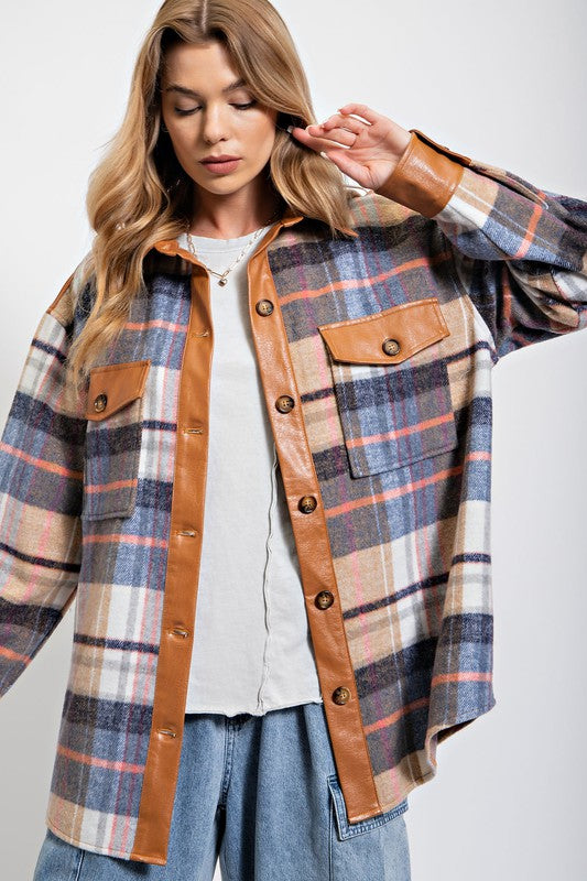 2726- Denim w/ Brown Leather Plaid Button Down Shacket