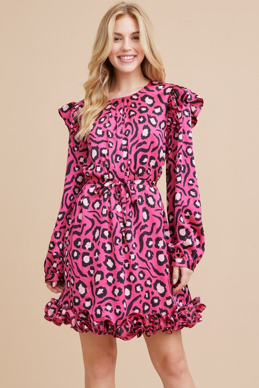 2039- Bubble Gum Animal Print Long Sleeve Dress w/ Ruffle Base