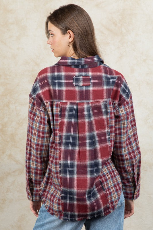 9953- Wine Mix Oversized Plaid Button Down Top