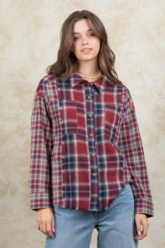 9953- Wine Mix Oversized Plaid Button Down Top