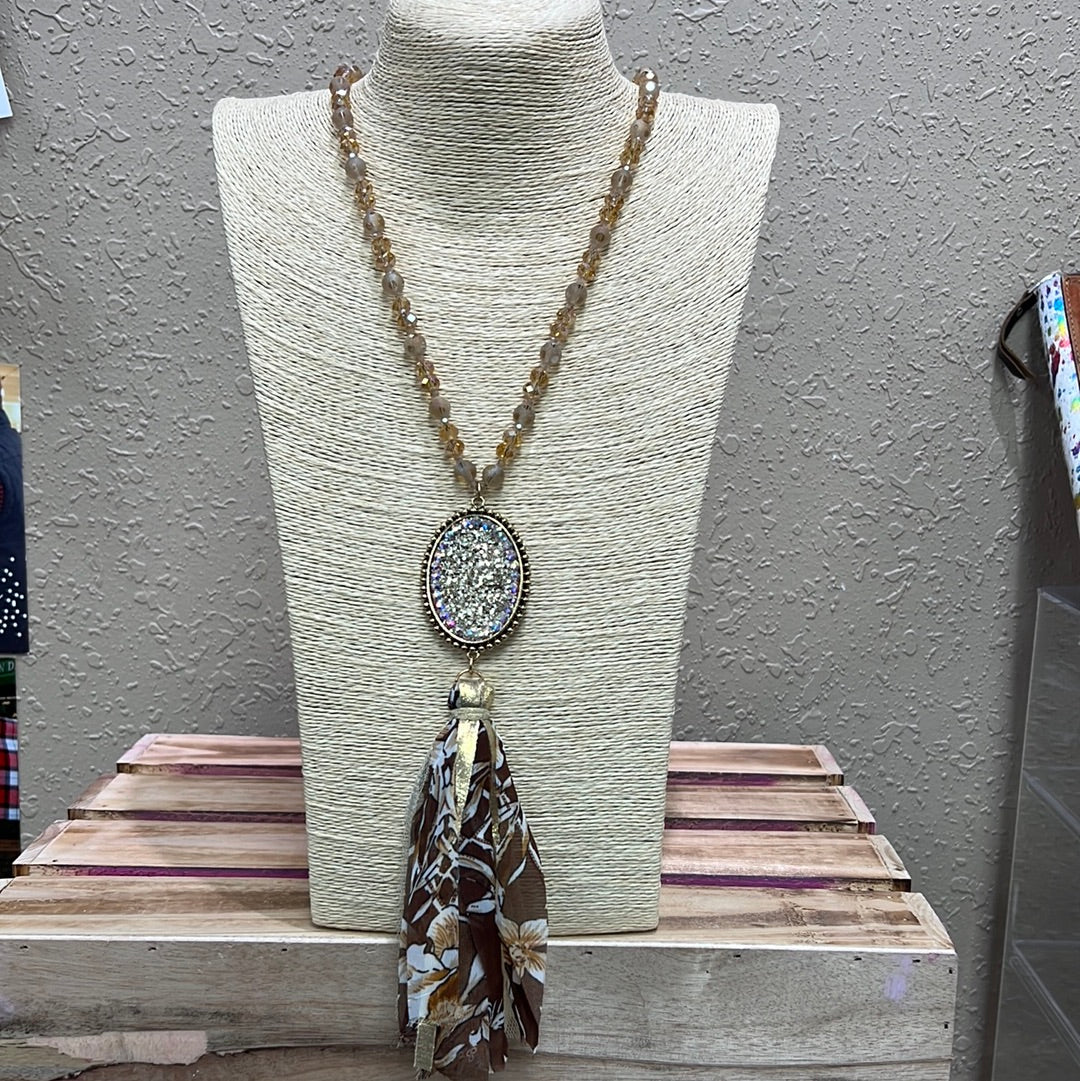 600- Brown Floral Tassel Necklace w: Crystal Beaded Detail