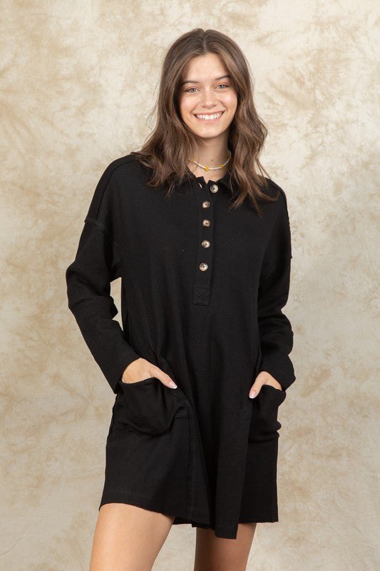 9895- Black Casual Shirt w/ Collar Henley Tunic