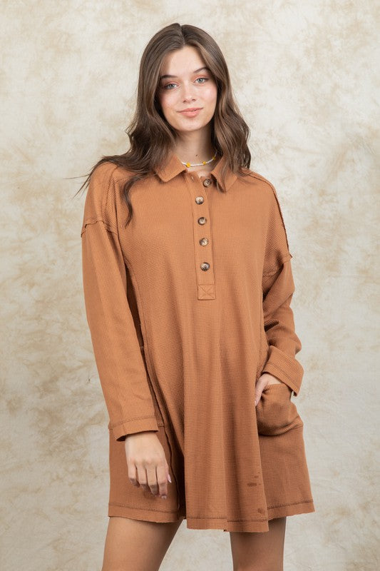 9896- Camel Casual Shirt w/ Collar Henley Tunic